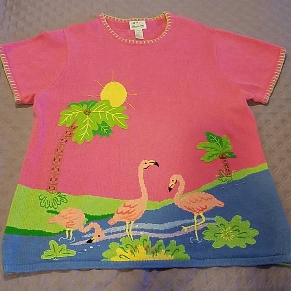 Quacker Factory Tops - Quacker Factory Flamingo Palms Tunic 2X